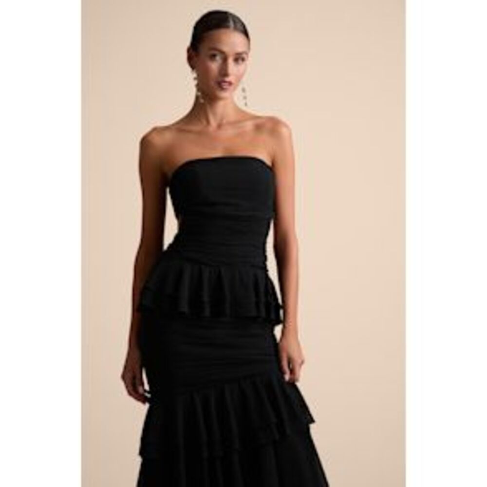 Strapless Black Ruffled Peplum Maxi Dress